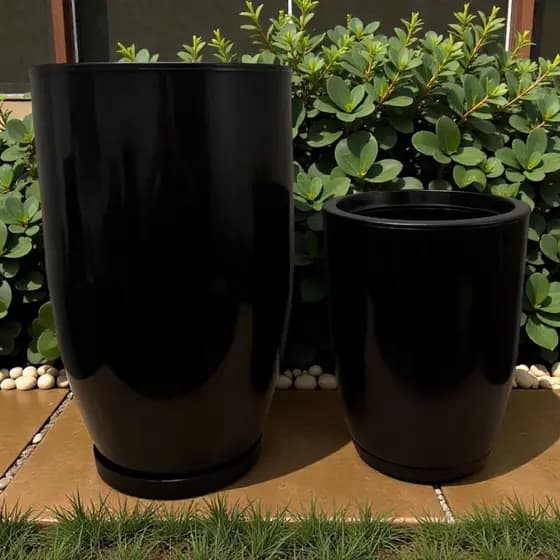Kit Vasos Decorativos Polido ou Marmorizado Grande Para Plantas natural Flor Jardim Polietileno Coluna N1+ N2 Com Pratos