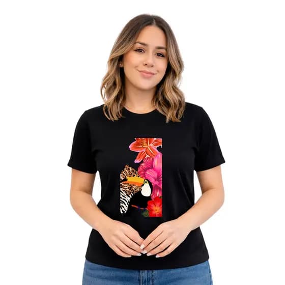 Camiseta Blusa Feminina Tucano Flores 100% Algodão Envio Rapido T-shirt Far