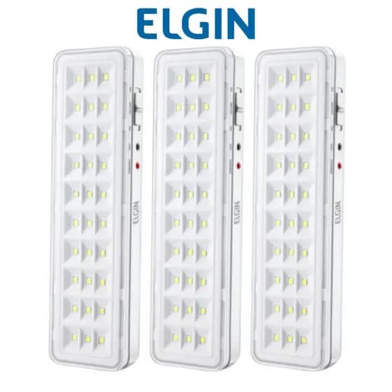 Kit 3 Luminárias de Emergência 30 LEDs Recarregável 2W Bivolt Elgin Luz Emergencial 110/220V