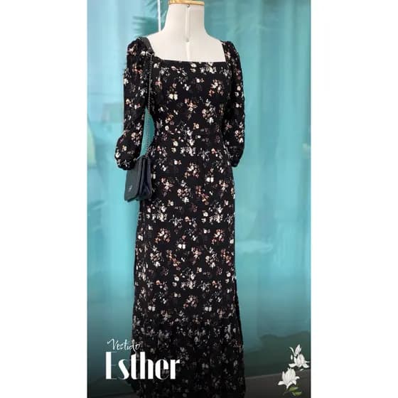 Vestido Feminino Romando Vestido Longo de Manga Lindo da Moda Floral Preto Envio imediato