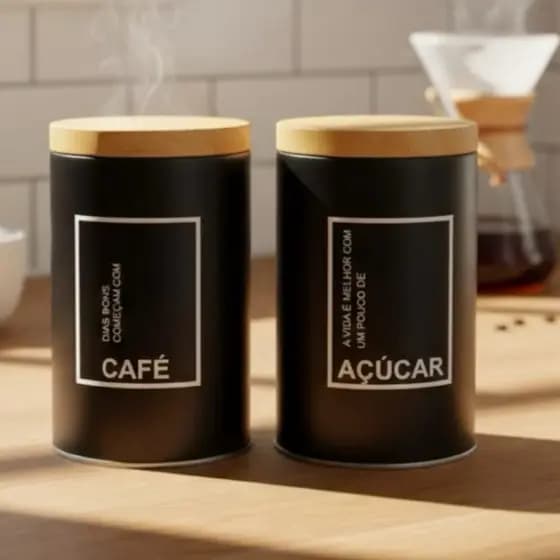Porta Condimentos Inox Açúcar Café Pote hermético de Cozinha Preto e Madeira Envio Imediato