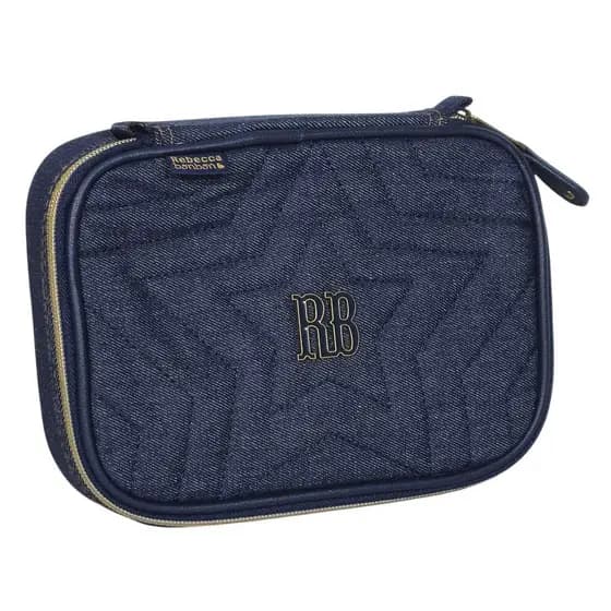 Estojo Box Grande Rebecca Bonbon Jeans Azul Escuro Com Divisória para 36 Lápis Bolso com Zíper