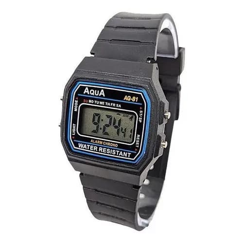 Relogio antigo Digital De Pulso Aqua Aq-81 Correia Preto Bisel Azul cronometro alarme corrida