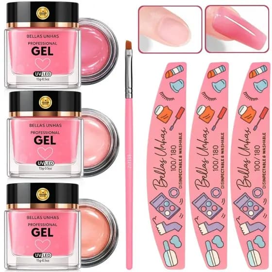 Kit 3 Gel Alongamento Unha Profissional Led Uv 15g Pro + 3 Lixas Banana Premium - Envio Imediato