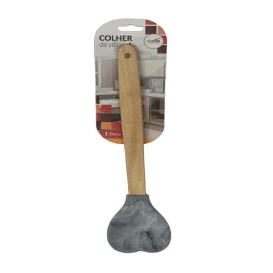 Colher espátula coração em silicone cor mármore cabo madeira