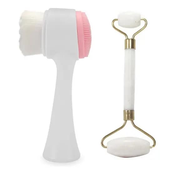Kit Escova De Limpeza Facial Manual 2em1 e Massageador de Rolo De Jadepara revitalização tonificação Antienvelhecimento e linha anti-rugas