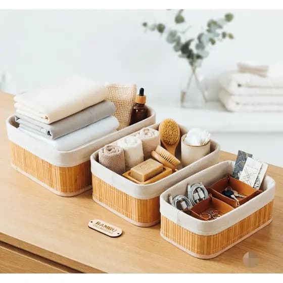 Kit 3 Cestos Organizadores de Bambu Ideal para Alimentos Secos, Produtos de Higiene, Acessórios