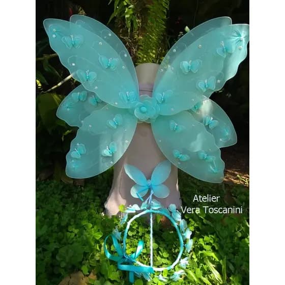 Kit Asa de Fada com Varinha e Mini Borboletas | Fantasia Infantil Artesanal Encantada