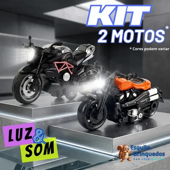 Kit 2 Moto Motocicleta Ferro Metal Miniatura com Som, Luz E Fricção Brinquedo Criança Colecionador