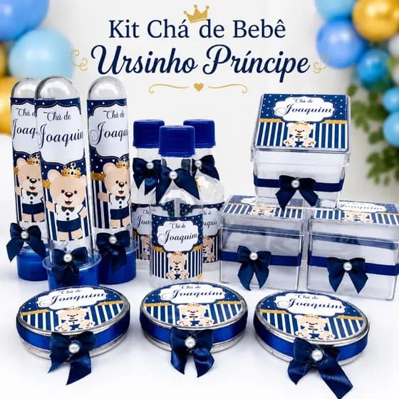 Kit Festa Ursinho Príncipe Personalizado Chá de Bebê 120 Itens Luxo