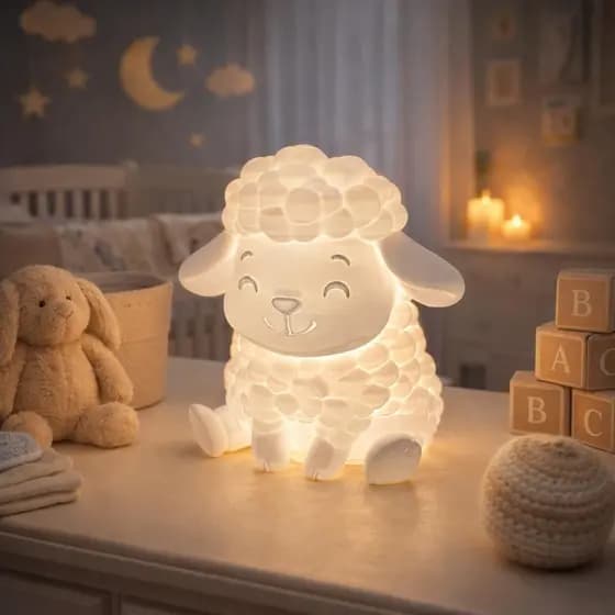 Luminária Abajur Carneirinho Infantil LED USB Quarto Bebê Luz Aconchegante Design Ondulado Moderno
