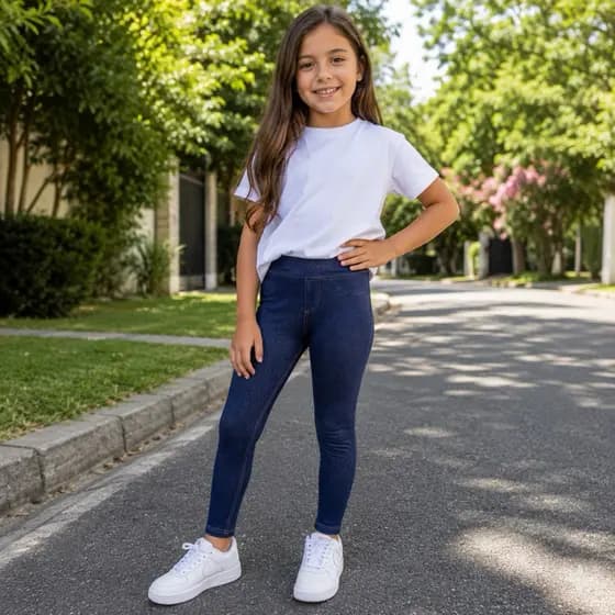 Calça legging jeans infantil com bolso skinny e flare