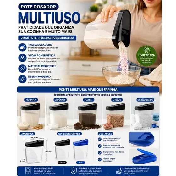 Kit 10 ou 6 Farinheiros 1 Litro Tampa Preta ou Vermelha Açucareiro Porta Sabão - Uninjet