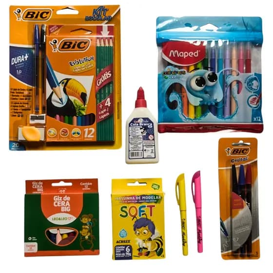 Jogo Escolar Canetas Esferográficas Hidrocor Hidográfica Massa Modelar Giz Cera Cola Marca Texto