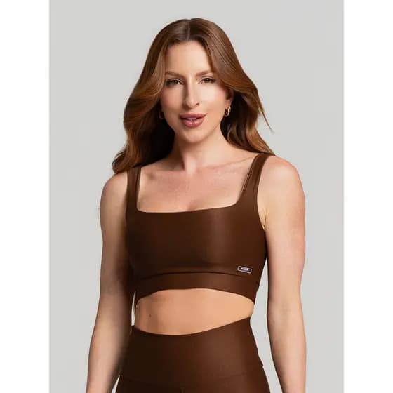 Top Poliamida Canelado Decote Quadrado Marrom Massam Fitness