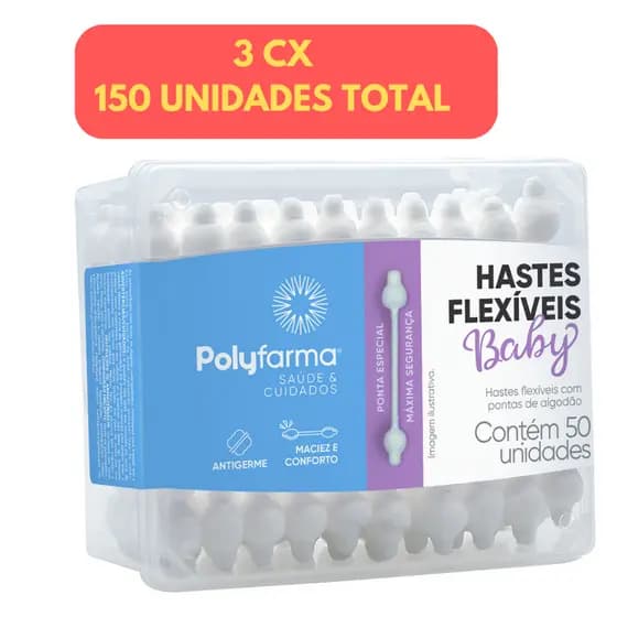 Kit 3 Caixas Hastes Flexíveis Baby Cotonetes Bebê Polyfarma Pontas Especial Antigerme 150 Unidades