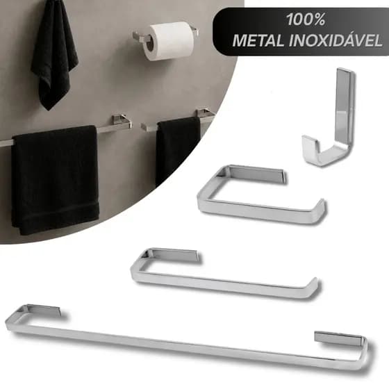Kit para Banheiro Quadrado Cromado 4 Peças - Inox Alumínio Acessórios Conjunto de Banheiro Completo