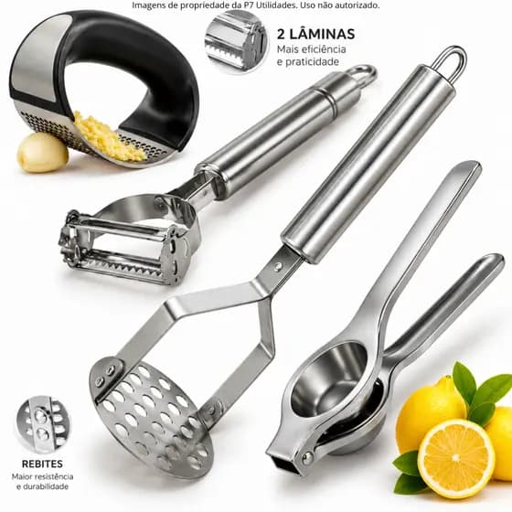 Kit Cozinha Triturador de Alho Descascador de Legumes 2 em 1 Espremedor de Limão Amassador de Batata