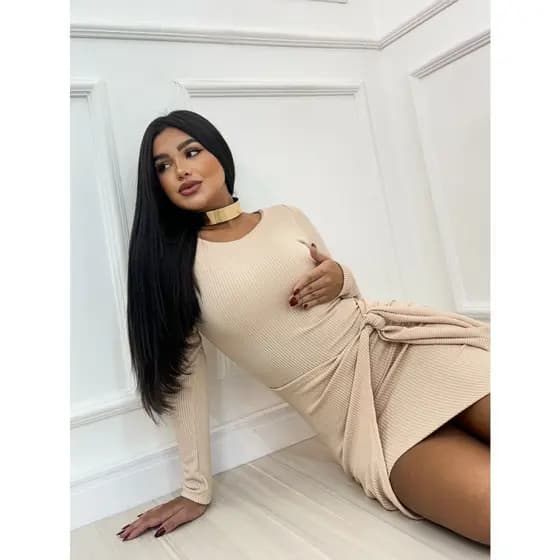 Vestido Feminino Curto Manga Longa de Amarrar na Lateral Tecido Anarruga