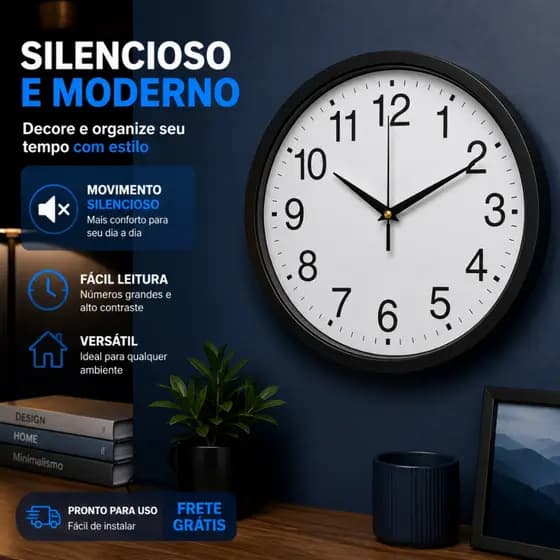 Relógio de Parede Cozinha Silencioso Moderno Decorativo Quarto Sala Escritório Preto ou Branco