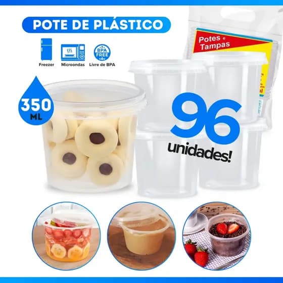 Kit 96 Unidades Pote de Plástico 350ml Bolo no Pote Tranparente C/ Tampa - BP Potes