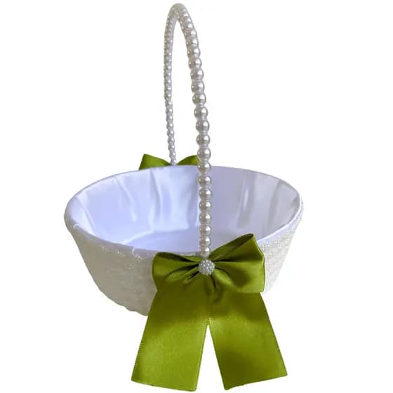 Cesta de Daminha Para Casamento Laço Verde Oliva Com Pérolas