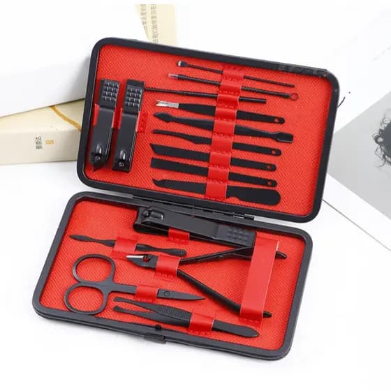 Conjunto de Manicure de 16 Peças em Aço Carbono Preto - Kit Completo para Cuidados com as Unhas