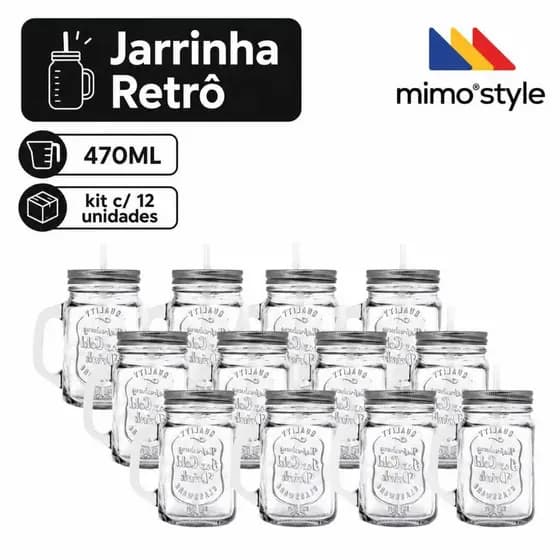 Kit c/12 Unid Jarrinha Retrô 470ml Caneca Vidro Vítreo Mimo Style
