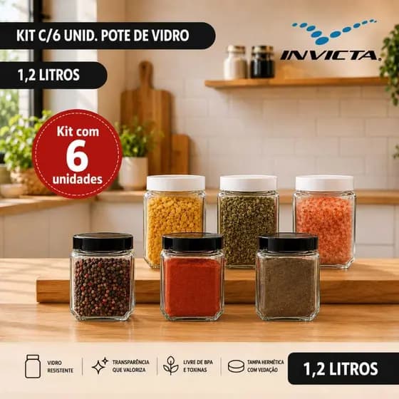 Kit c/6 unid Pote Vidro 1,2 litros Quadrado Tampa Rosca Color Invicta
