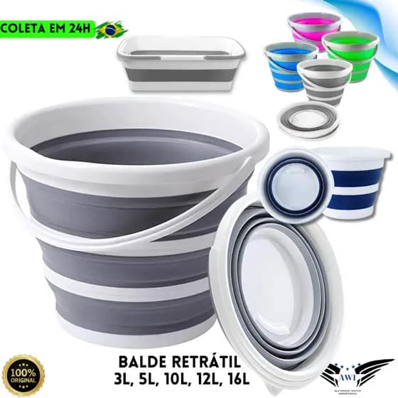Balde Dobrável Retrátil 10 Litros ou 2 a 16L Flexível Multiuso Compacto Casa Lavanderia Apartamento