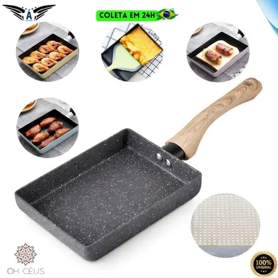 Frigideira Omeleteira Japonesa Antiaderente Multifuncional Retangular Indução Cabo Amadeirado Ovo