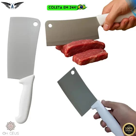 Kit Cutelo Profissional em Aço Inox Reforçado Faca de Açougueiro E Churrasco Cabo Branco Premium