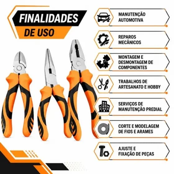 Kit Jogo Alicates Universal Corte E Bico Profissional 3 Peças