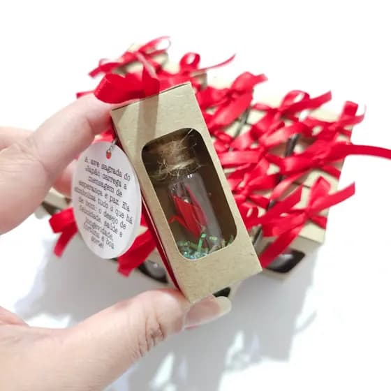 10 Lembrancinha Ave Tsuru Origami na Garrafinha com Caixinha, Fita e Tag.