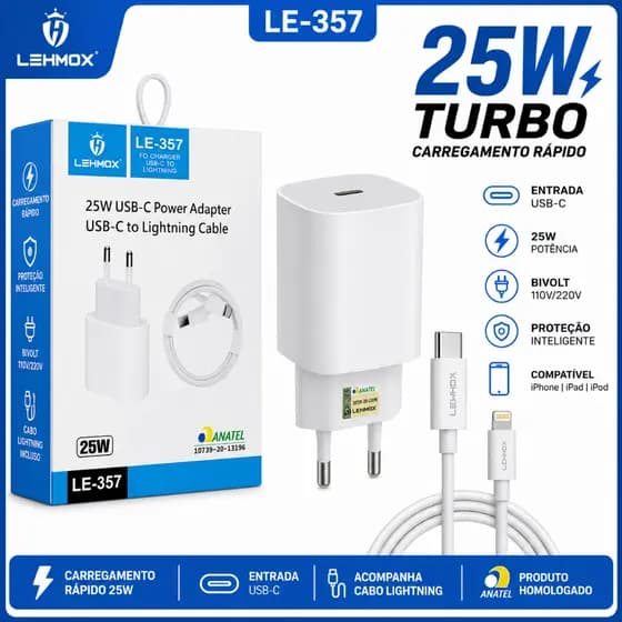 Carregador IPhone Turbo 25W - Lightning / Cabo Lightning e Cabo Tipo-C