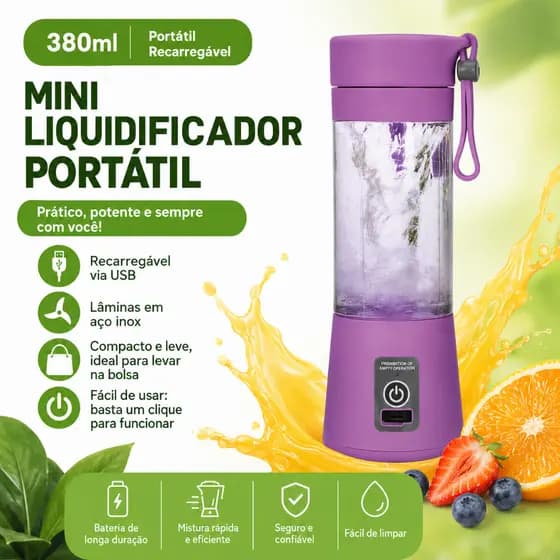 Mini Liquidificador Portátil com 6 Lâminas Afiadas Roxo 380ml