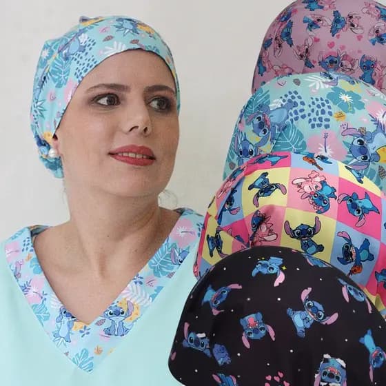 TOUCA CIRÚRGICA FEMININA ENFERMAGEM GORRO COM ELÁSTICO PERSONAGEM STITCH