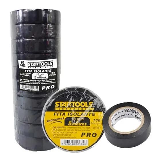 Kit 10 Rolos Fita Isolante Antichama 18mm x 5m Preta Startools PRO Fita Isolante Profissional Antichamas Pacote 10 Unida
