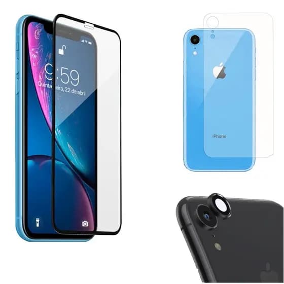 KIT 3x1 PREMIUM IPhone XR | Película De Vidro 3D - Pelicula Traseira Verso Gel - Película da Câmera