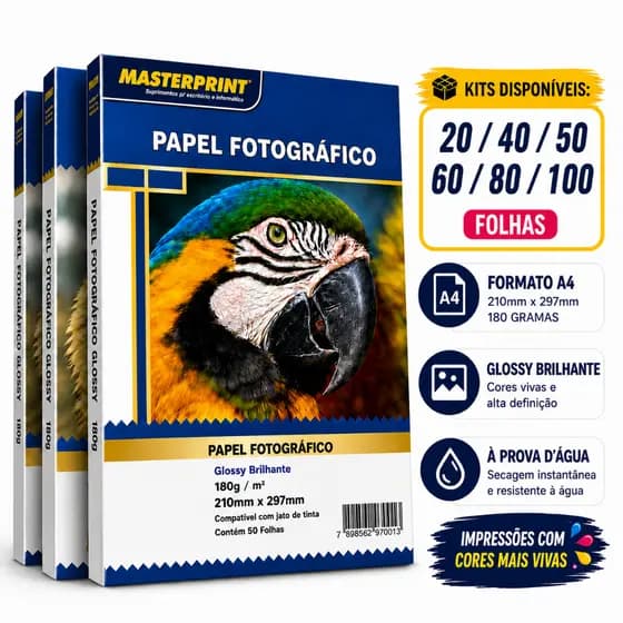 Kit 20 a 100 Folhas Papel Fotográfico A4 Brilhante 180g Premium Glossy Masterprint Inkjet À Prova d´Água