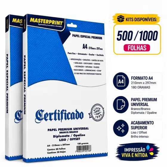 Kit 500 a 1000 Folhas Papel Especial Opaline Diplomata Offset Certificado Branco Premium A4 180g Masterprint