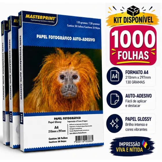 Kit 1000 Folhas Papel Fotográfico Adesivo A4 Brilhante 130g Premium Glossy Masterprint Inkjet À Prova d´Água