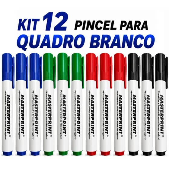 Kit 12 Caneta Pincel Marcador Quadro Branco Recarregável Caneta Alta Qualidade MASTERPRINT Cores