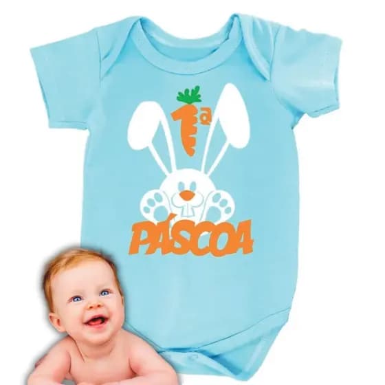Body Roupa De Bebê Tema Páscoa Manga Curta Infantil Estampado Coelhinho e Ovinhos, Betty & Loren