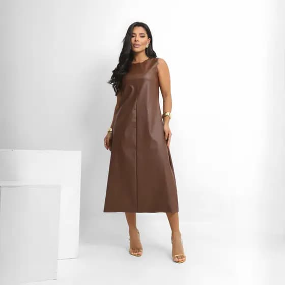 Vestido Feminino Longuete Midi Casual Regata Soltinho Couro Fake