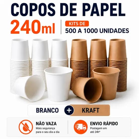 KIT 500 A 1000Uni. de Copo de Papel BRANCO ou KRAFT Biodegradável 240ML | Ideal para Café Chá Leite