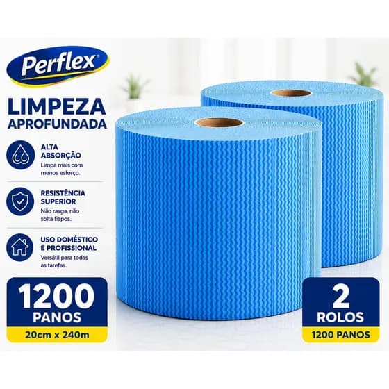 Kit 2 Rolo de Pano Perflex Multiuso AZUL de 20cm x 240m | 600 Panos para Limpeza e Faxina