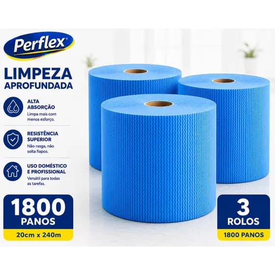Kit 3 Rolo de Pano Perflex Multiuso AZUL de 20cm x 240m | 600 Panos para Limpeza e Faxina