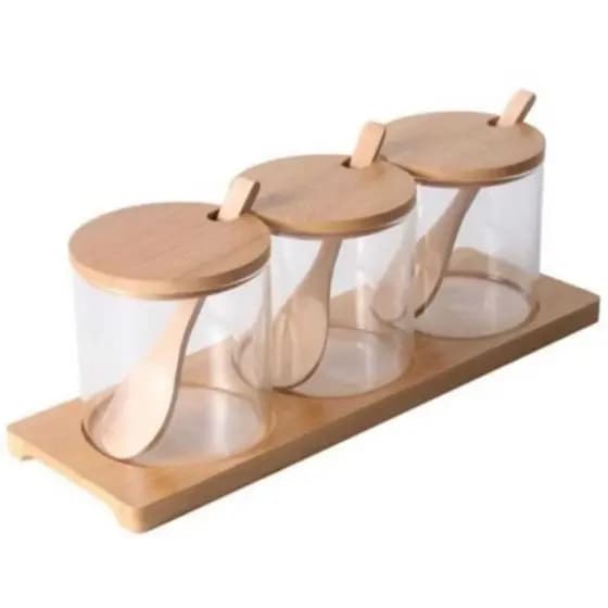 Conjunto Porta Temperos Vidro Com Tampa Colher De Bambu 3 Peças Super Promoção