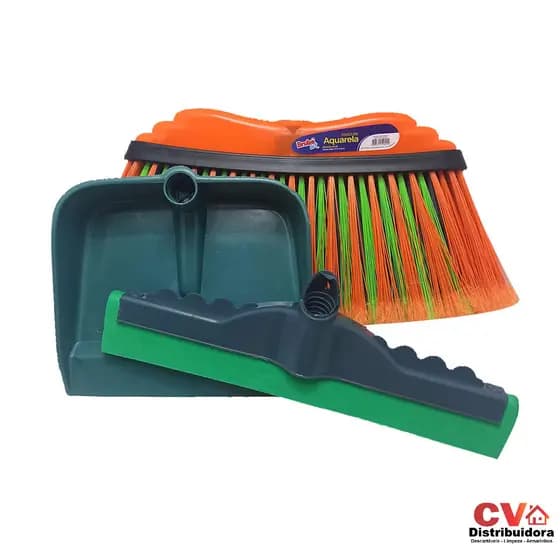 Kit Vassoura Aquarela Rodo Borracha Dupla 30cm Pá Pequena Sem Cabo